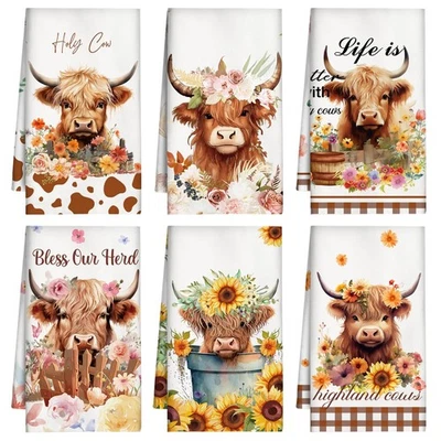 Absorbent Dish Kitchen Towels - 6 PCs Highland Cow Sunflower Summer Yellow Cl... - Image 1 of 4