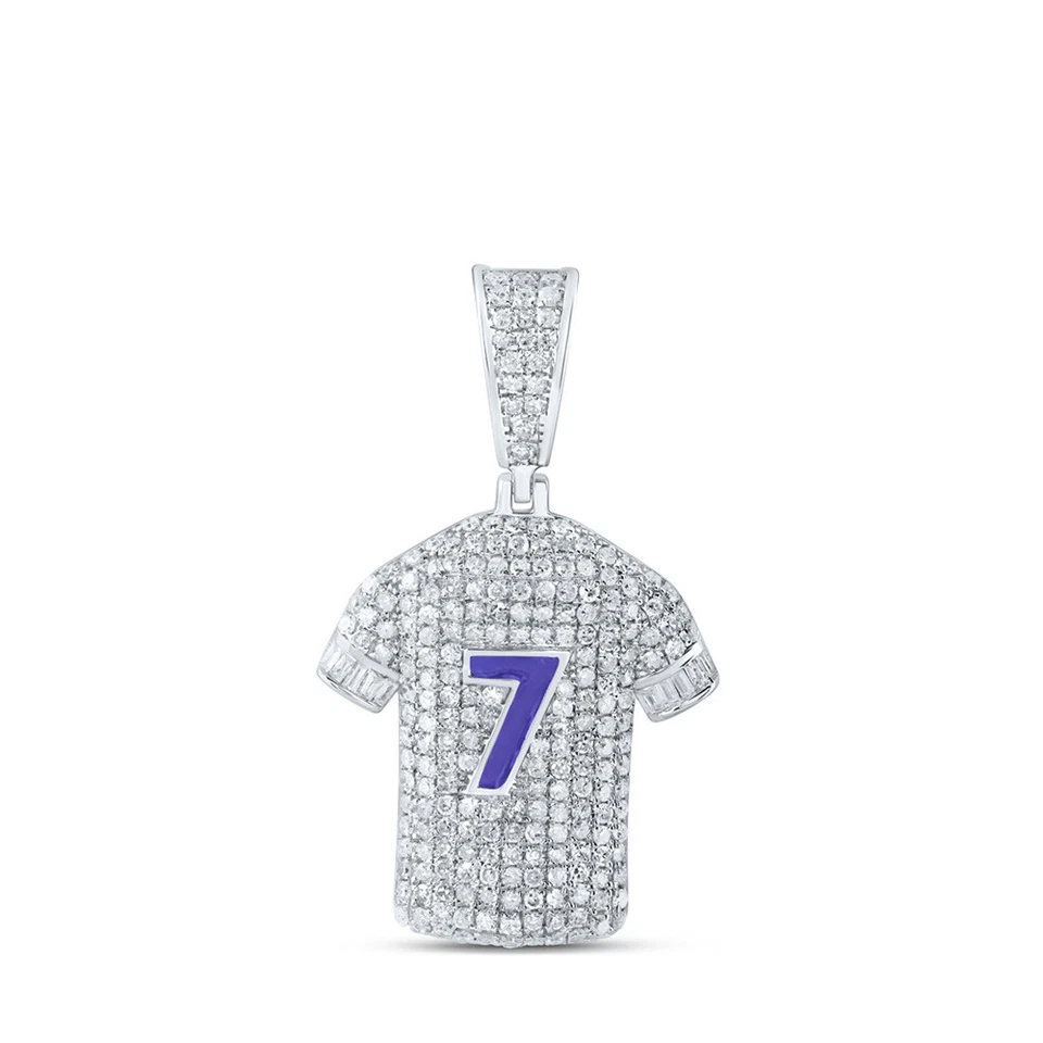 Sterling Silver Mens Baguette Diamond Number 7 Jersey Charm Pendant 1-1/4 Cttw - Image 1 of 1