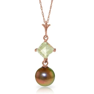 14K. SOLID GOLD NECKLACE WITH AQUAMARINE & PEARL (Rose Gold) - Picture 1 of 5