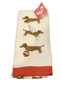 NWT Envogue White and Red with Dachsund Print Valentines Kitchen Towels Set of 2 - Picture 1 of 2