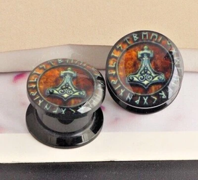 Mjolnir Thor's hammer Norse Viking Rune Logo Screw Tunnel Earplug Earring Plug - Image 1 of 4