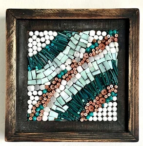 Handmade Framed Mosaic Wall Art, Teal, White, Rust, Blue. Glass,beads,stone - Picture 1 of 11