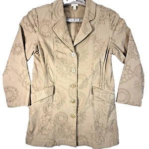 J Jill Full Embroidered Coat S Khaki Pleated Trench Stretch Twill Pockets Lagen - Picture 1 of 12
