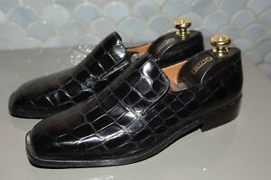 Zilli Men's Mirror Gloss Black Alligator Shoes, Size US 10, Mint 