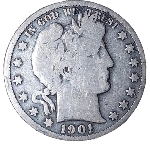 1901-S Barber Silver Half Dollar 50 Cents-Scarce-(847,044 Minted) ~ VG Cover