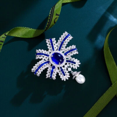 Blue Cubic Zirconia Flower Pearl Dangle Brooch White Gold Plated CZ for Women - Image 1 of 4