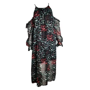 1 STATE Green Red Shimmer Floral Cold Shoulder Sleeve Dress Womens Size M Medium - Picture 1 of 7