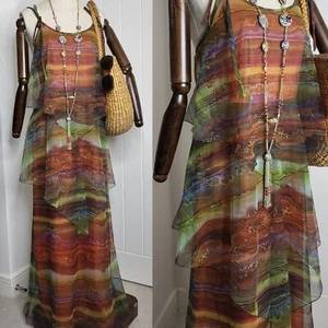 Vtg Boho 1970s Bohemian Chiffon Avant Garde Ombre Pattern Tiered Maxi Dress 12 - Picture 1 of 14