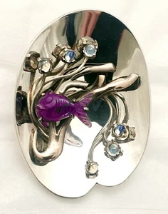 VINTAGE MEXICAN STERLING SILVER BROOCH AMYTHEST MOONSTONE OCEAN MOTIF FISH - Picture 1 of 3