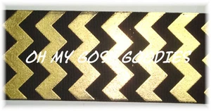 3" BLACK GOLD FOIL CHEVRON BLING GROSGRAIN RIBBON TEAM CHEER FOR HAIRBOW BOW - Picture 1 of 1