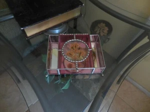 Vintage all Colorful Pink Glass & Mirror stained Glass Jewelry Box & Dry Leaf - Picture 1 of 12