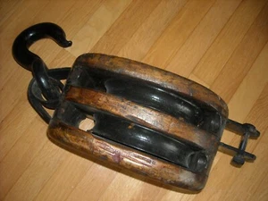12"Block with 2 pulleys(sheaves) and hook antique nautical large - Picture 1 of 5