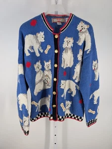 Cardigan Bay Vintage 90s Terrier Dog Intarsia Hand Knit Cardigan L Cottage - Picture 1 of 3