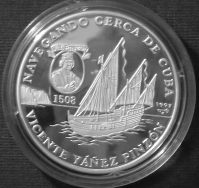 Caraibi 10 pesos Silver Proof 1997 Navi ed Esploratori Vicente Pinzon .999Ag 20g - Immagine 1 di 4