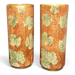2 Fall Green Leaf Design Gold Accents Cylinder Ceramic Vases Artist Signed 9 3/8 - Picture 1 of 13