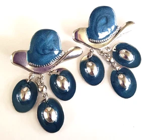 Vintage Blue Enamel Cowboy Hats Silver Tone Dangle Pierced Earrings 2-7/16" - Picture 1 of 7