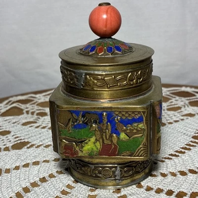 Vintage Chinese Enameled Brass Tea Caddy Box Octagonal  Coral Colored Finial - Image 1 of 4