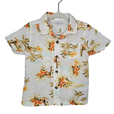 Camisa antigua azul marino mezcla de lino botones tucán loro tropical hawaiano niño pequeño 12-18 Foto 1 de 4
