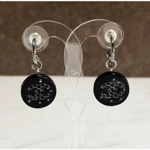 Chanel Authentic Round COCO mark Hoop Earrings Blue Stone Black Silver Plated - Picture 1 of 4