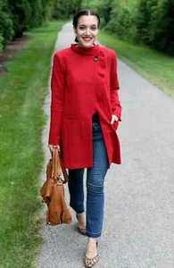 NEW CAbi Celebration Red Square Houndstooth Ruffle Longline Jacket Pockets Small - Picture 1 of 24