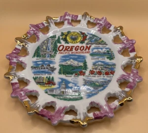 Piatto da collezione vintage State of Oregon Pacific Wonderland bianco/rosa - Foto 1 di 3