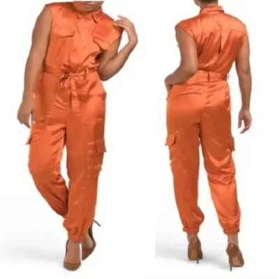 RACHEL ZOE Satin Utility Jumpsuit Size 2 Burnt Orange NEW Jogger Collared G3 - Image 1 of 4