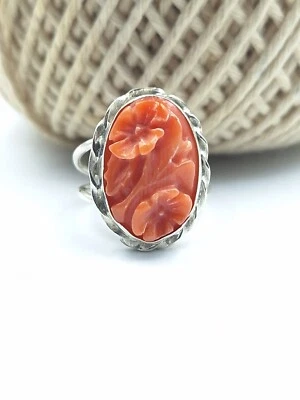 Anello Cameo vero corallo Antico Rosso Di Sardegna Argento 925 Oro Bianco Cammeo - Immagine 1 di 4