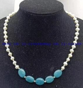 6-7mm White Freshwater Pearl & 12x15mm Blue Oval Aquamarine Necklace 18 Inch - Picture 1 of 4