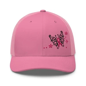 Breast Cancer Awareness Butterfly Pink Ribbon Trucker Hat for Women - Picture 1 of 49