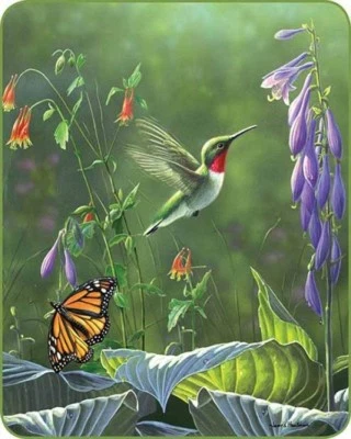 Queen Hummingbird Butterfly Flower Hosta Garden Mink Super Soft Faux Fur Blanket - Image 1 of 3
