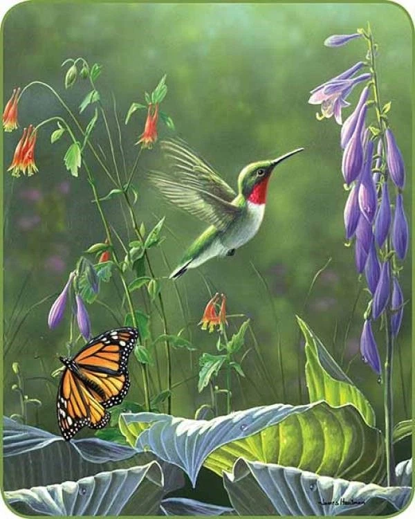 Queen Hummingbird Butterfly Flower Hosta Garden Mink Super Soft Faux Fur Blanket - Image 1 of 3