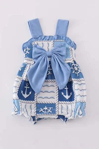 Girl's Boutique Blue Sailboat Checkered Bow Bubble Romper Sibling Matching Summe - Picture 1 of 11