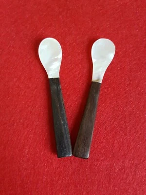 2 Mini Mother Of Pearl Spoon Ladle Wood Handle Serving Caviar Egg Gravy Dip Salt - Image 1 of 4