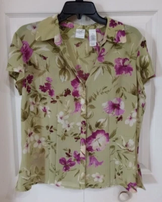 Emma James Women's Top Collared Sheer Button Front Short Sleeve Floral Size 14 - Image 1 of 4