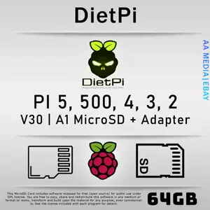 64GB or 128GB DietPi Preloaded Micro SD Card RaspBerry Pi 2, 3, 4, 400, 5, 500 - Picture 1 of 3