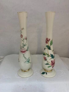 2 LENOX USA BUD VASES WITH FLOWERS AND GOLD TRIM GC - Picture 1 of 8
