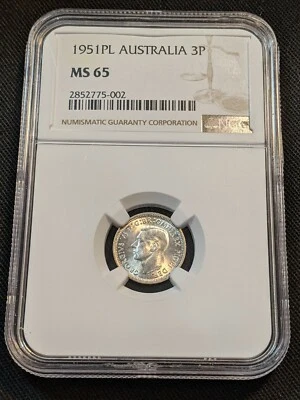 1951 PL MS65 Australia Silver 3 Pence NGC KM 44 George VI Royal Mint Tower Hill - Image 1 of 2