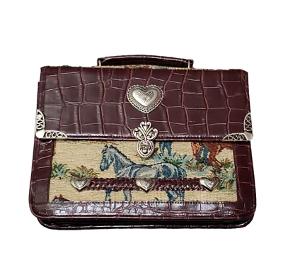 VTG Horse Tapestry Faux Croc Purse Handbag Ornate Silver Accent Brief Case Style - Image 1 of 4