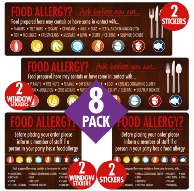 MILETA Food Allergy Sticker Sign Pack Pub Restaurant Allergen Warning Notice Pack of 8