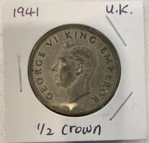 1941 Great Britain Silver 1/2 Crown Coin - Foreign World Silver Coin - Picture 1 of 2