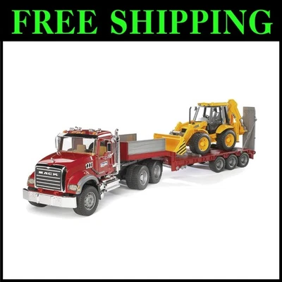 Mack Granite Flatbed Truck with JCB Loader Backhoe Toy - Image 1 of 4