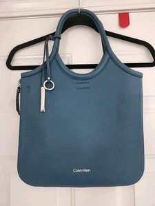 Calvin Klein Gabrianna Bag Novelty Slim Side Zip Leather Pebble Grain Tote Blue - Picture 1 of 14