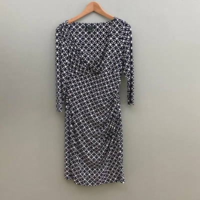 Lauren Ralph Lauren Dress Womens Size 10 Blue White Geometric Print Ruched Midi - Image 1 of 4