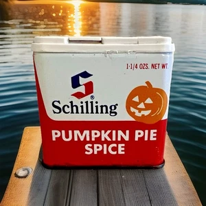 Lata de especias vintage Schilling Pumpkin Pie 1,25 oz Jack-O-Lantern Halloween - Imagen 1 de 10