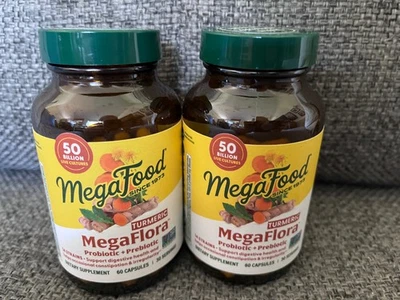 Lote de 2 MegaFood MegaFlora Probióticos + Prebióticos Suplemento Cúrcuma 60 Cápsulas Foto 1 de 4