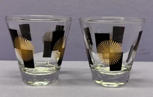 2er Set Atomic Starburst Schnapsglas MCM Bargeschirr Vintage schwarz gold 2,75" EUC - Bild 1 von 7