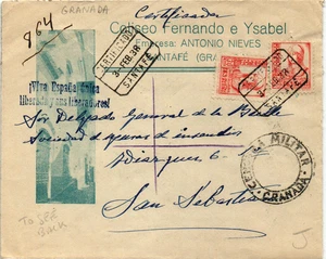 SCW 1938 censored registrered cover from Santa Fe (Granada) local labels (3030) - Picture 1 of 2