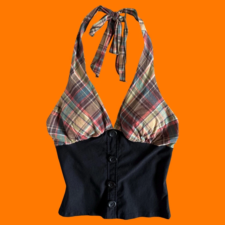 Camiseta sin mangas vintage años 00 estampado a cuadros imitación botón bodycon y2k halter XS PEQUEÑA  Foto 1 de 4