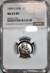 NGC MS-63 BN 1909-S VDB Lincoln centesimo, radiante, ben colpito, data chiave! - Foto 1 di 2