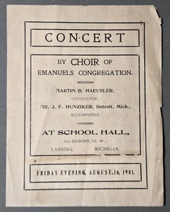 Programa Coro LANSING MICHIGAN 1901 Concierto Congregación Emanuels - Imagen 1 de 2